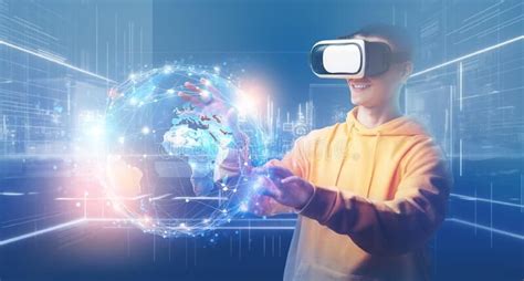 Young man enjoying Metaverse virtual reality with VR glasses stock