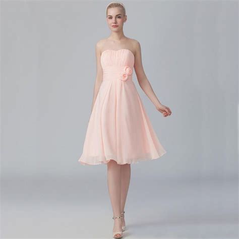 Simple Cheap Blush Pink Bridesmaid Dress Short Knee Length Ruched Chiffon Beach Wedding Party