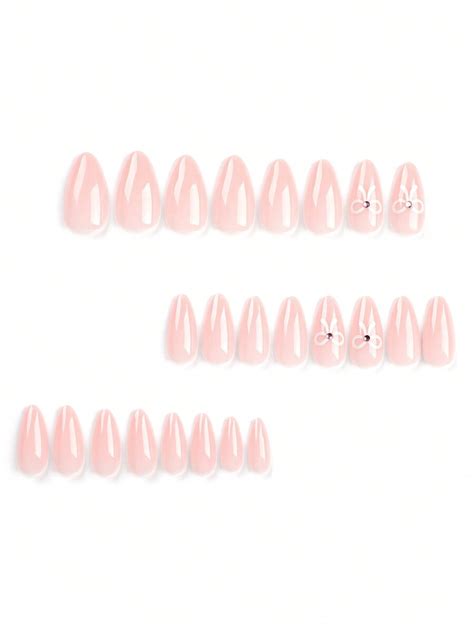 24pcs Set French Style Simple White Bowknot Short Nude Almond False Nails SHEIN UK