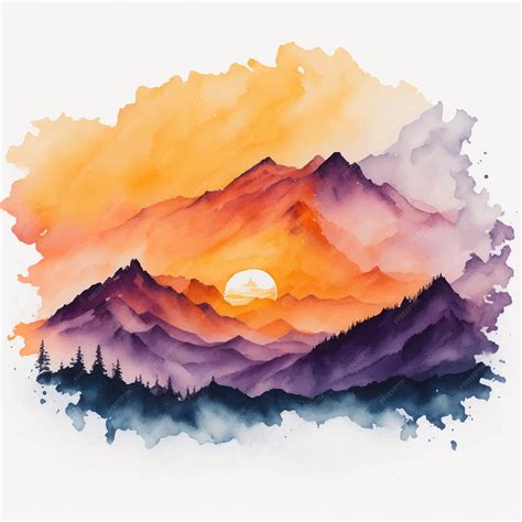 Premium Vector | Sunset in the mountains in watercolor on paint stain