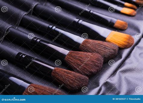 Set Of Black Make Up Brushes In Row Stock Image Image Of White Body