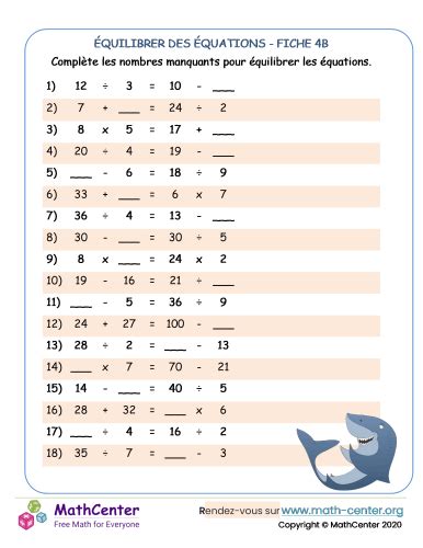 Équilibrer des équations 4b Fiches de travail Math Center