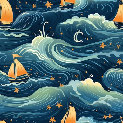 Premium AI Image Sea Storm Seamless Pattern Digital Line Generate Ai