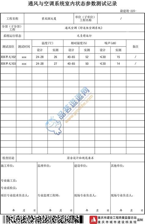 二十六通风与空调工程渝建竣 225 通风与空调系统室内状态参数测试记录 品茗逗逗网 品茗施工软件服务平台