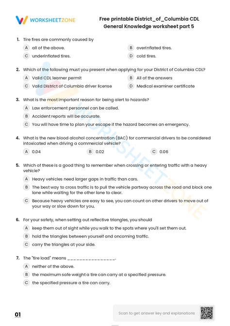 Free Printable District Of Columbia Cdl General Knowledge Worksheet Part 5