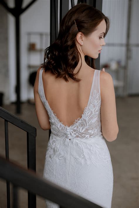 Fit And Flare Leaf Lace Wedding Dress With Deep V Neck Open Etsy