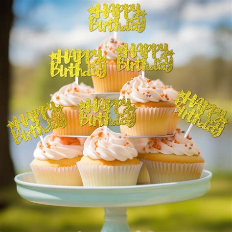 Happy Birthday Cupcake Topper Gold