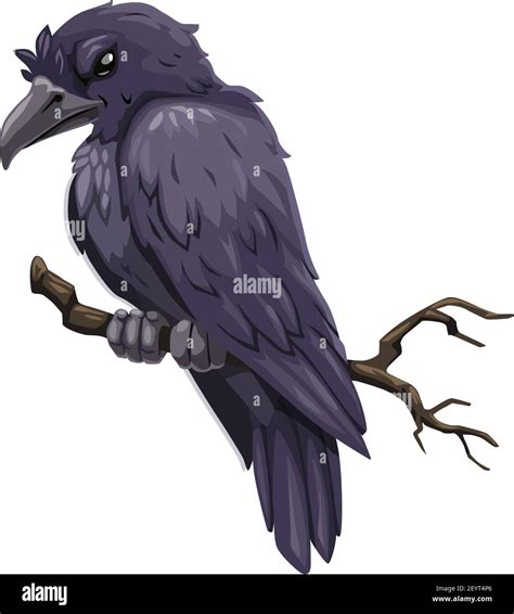 Crow on branch icon, evil feathered animal, isolated vector. Raven on ...