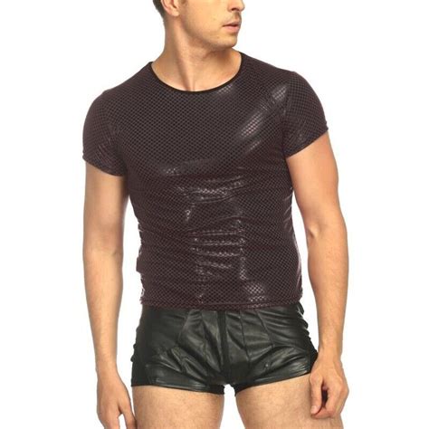 Männer Wetlook Lack Leder T Shirt Hemd Tank Kurzarm Unterhemd Freizeit