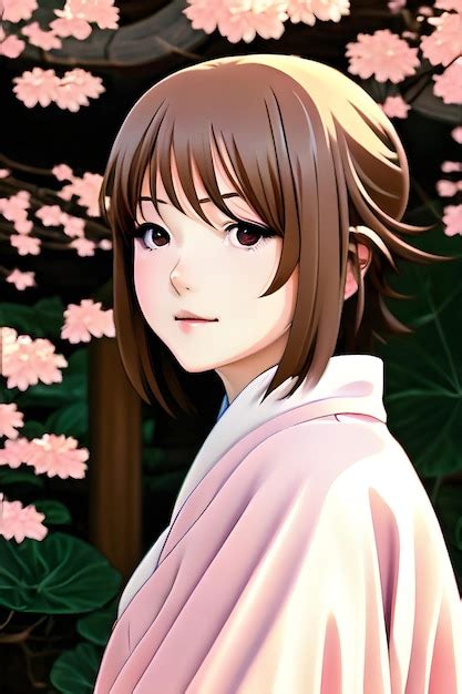 Una Pintura Digital De Una Chica Con Un Kimono Rosa Con Flores Rosas