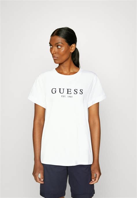 Guess Roll Cuff Print T Shirt Pure Whitewhite Zalando