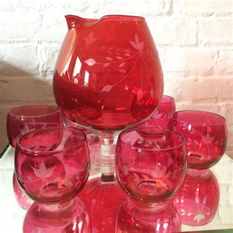 Mid Century Cranberry Etched Glass Bar Set With Decanter And 6 Old Fashioned Or Roly Poly