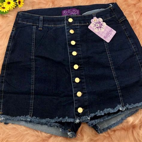 Shorts Saia Jeans Plus Size Azul Lycra Cintura Alta Escorrega o Preço