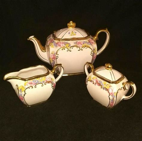 Vintage Sadler Cube Teapot Creamer Sugar Set Pink Gold Gilt Sadler