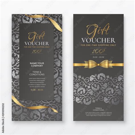 Set Of Luxury Black Gift Vouchers With Gold Ribbons Bow And Silver