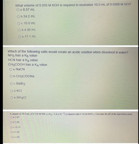 Solved What Volume Of M Koh Is Required To Neutralize Chegg