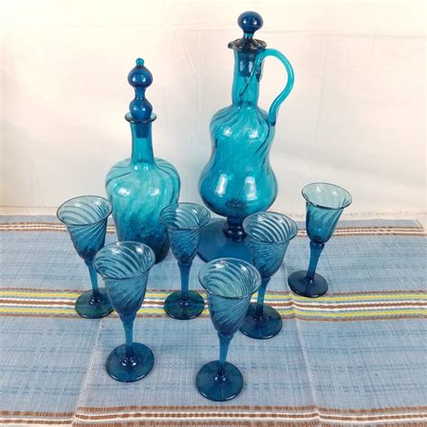 Lot 912 Vintage Mid Century Mexican Odilon Avalos Hand Blown Blue Glass Set Of Two Decanters