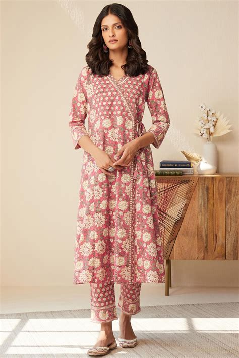 Buy Pink Hand Block Printed Angrakha Cotton Kurta For Women Fgmk