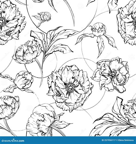 Hand Drawn Vector Seamless Pattern With Peony Flowers Buds And Leaves