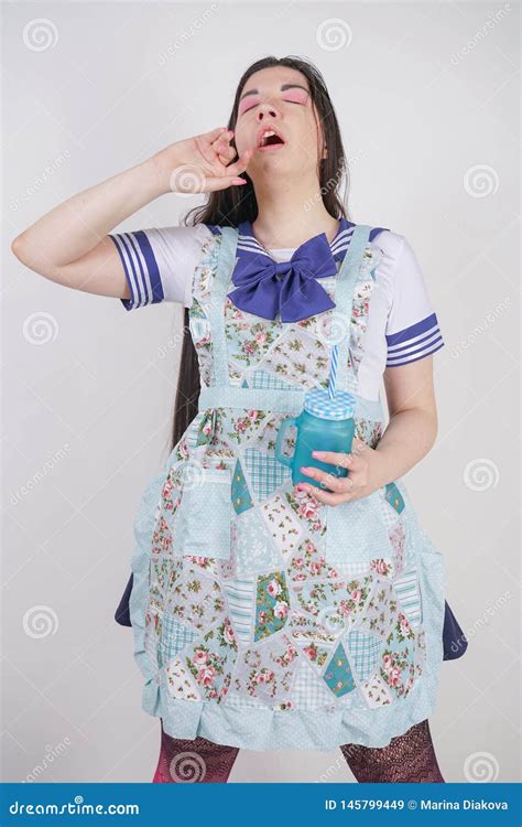 Charming Brunette Cooking Girl In Anime School Uniform And Kitchen