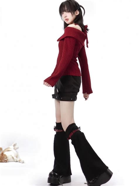 Red Buckle Straps Black Knitted Leg Warmers