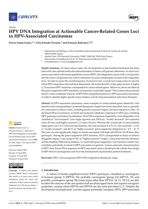 (PDF) HPV DNA Integration at Actionable Cancer-Related Genes Loci in HPV-Associated Carcinomas