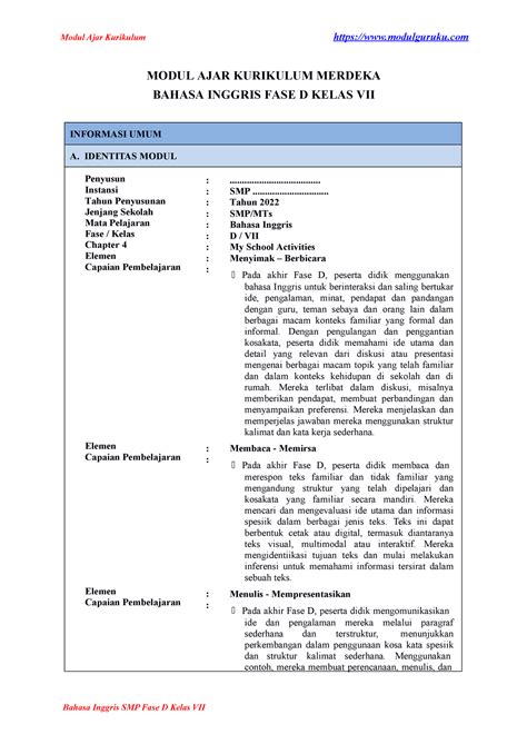 Modul Ajar Bahasa Inggris Kelas 7 SMP Fase D Chapter 4 Modulguruku