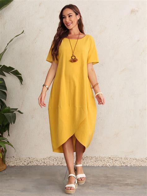 Emery Rose Scoop Neck Asymmetrical Hem Dress Shein Usa