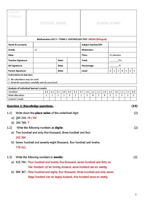 Graad 5 Wiskunde Kwartaal 1 Toets Teacha