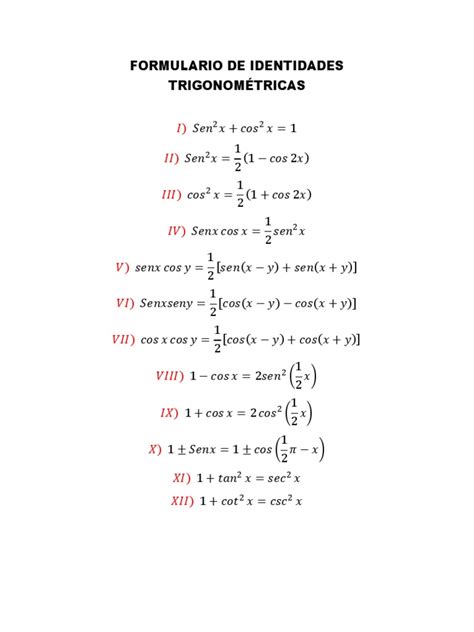 Formulario De Identidades Trigonométricas Pdf