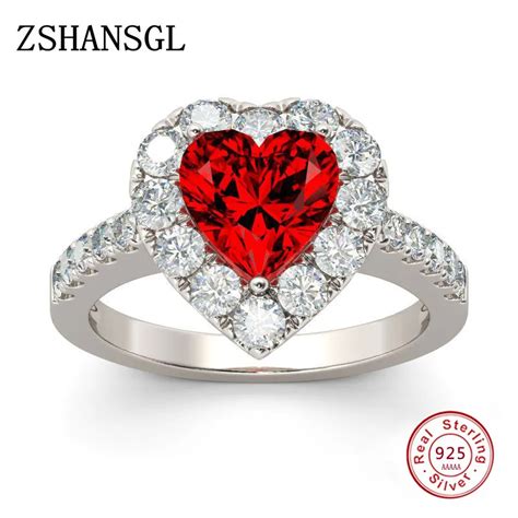 New Red Color Zircon 100% 925 Sterling Silver Ring Love Heart Romantic ...