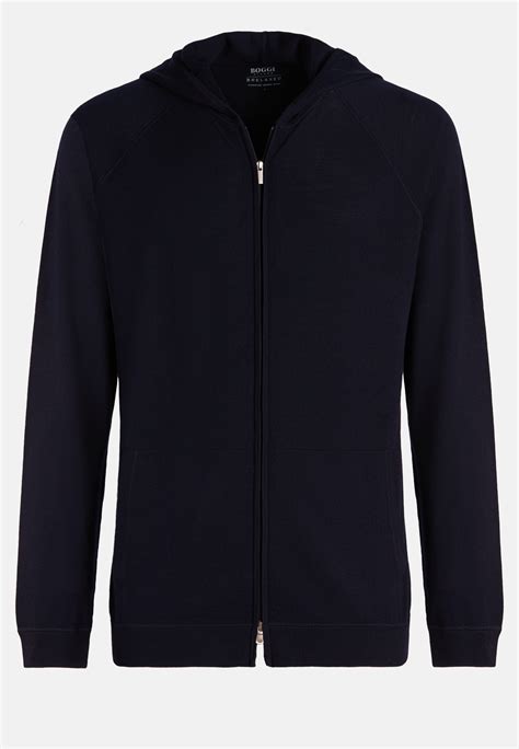 Navy Full Zip Hooded Jumper In Merino Wool Boggi