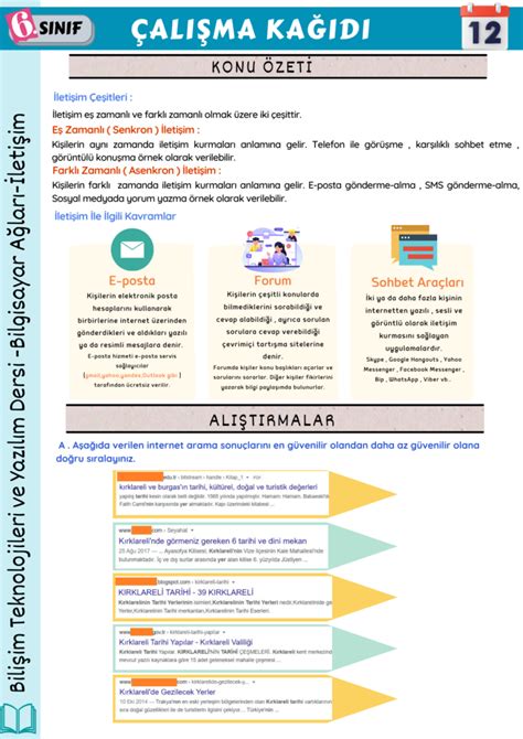 6 Sınıflar 12 Hafta Araştırma ve İletişim Teknolojileri