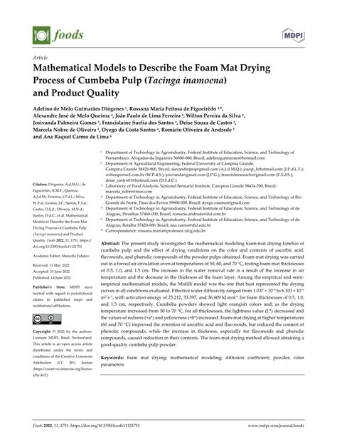 Pdf Mathematical Models To Describe The Foam Mat Drying Process Of Cumbeba Pulp Tacinga