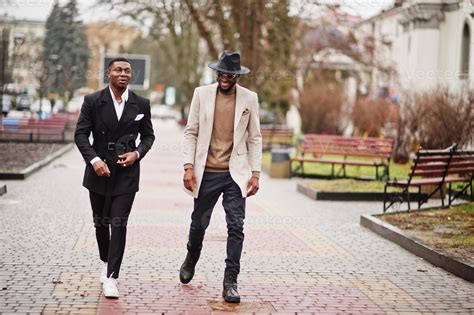 Two Fashion Black Men Walking On Street Fashionable Portrait Of