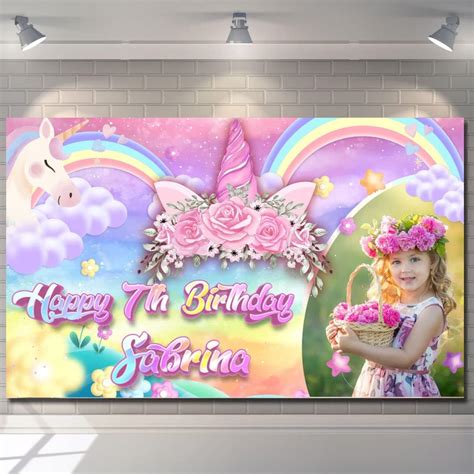 Happy Birthday Backdrop Background Banner Personalised Unicorn Pink