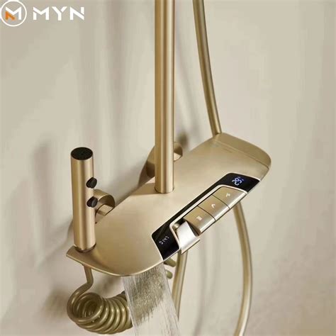 2024 Gold Bathroom Hot And Cold 4 Function Thermostatic Wall Hung Digital Display Waterfall
