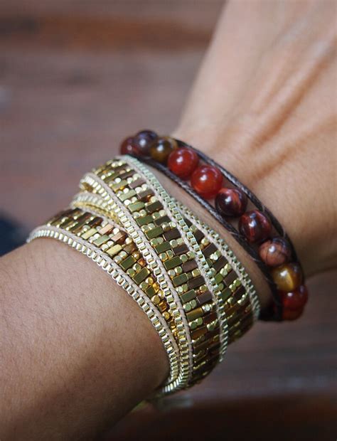 Gold Beaded Mix Wrap Bracelet With Chain Boho Bracelet Etsy