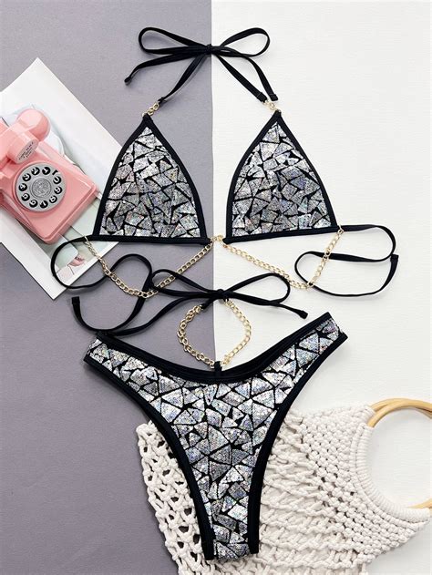 New Sexy Triangle Bikini Push Up Bikinis Women Sequined Chain String