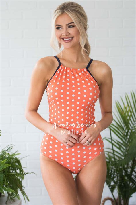 Coral White Polka Dots Modest One Piece Cute Modest Swimwear