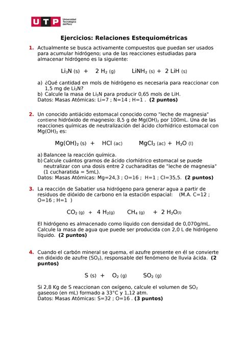 Ejercicios Estequiometria 1 1 Ejercicios Relaciones