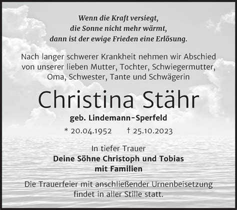 Traueranzeigen von Christina Stähr abschied nehmen de