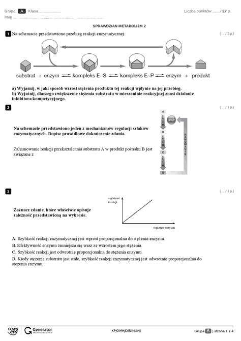 Sprawdzian Metabolizm klasa 1liceum dział 4 zakres rozszerzony Testy