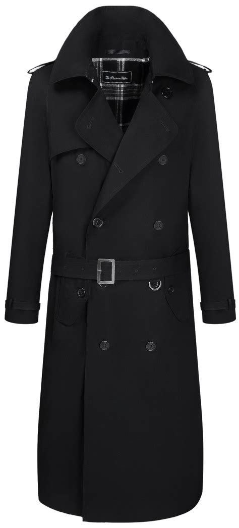 Mens Black Traditional Double Breasted Cotton Long Trench Coat