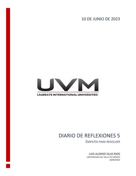 Diario de reflexión 5 Trabajo de Empatía para resolver DIARIO DE