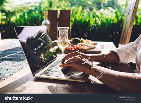 Unrecognizable Digital Nomad Typing Content Text Stock Photo