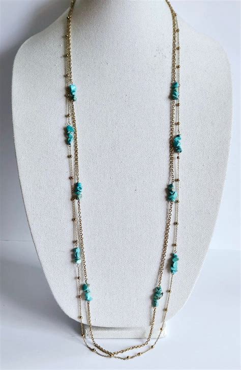 S Long Gold Tone Chain With Faux Turquoise Chips Gem