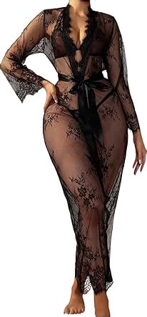 SOLY HUX Women S Lace Mesh Robe Sexy Lingerie Matching Bra And Panty See Through Belted Gowns