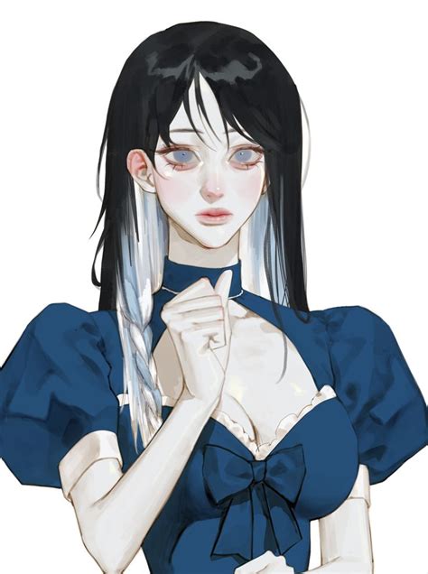 An Anime Girl With Long Black Hair Wearing A Blue Dress And Holding Her