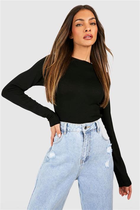 Womens Basic Long Sleeve Crew Neck Bodysuit Boohoo Uk